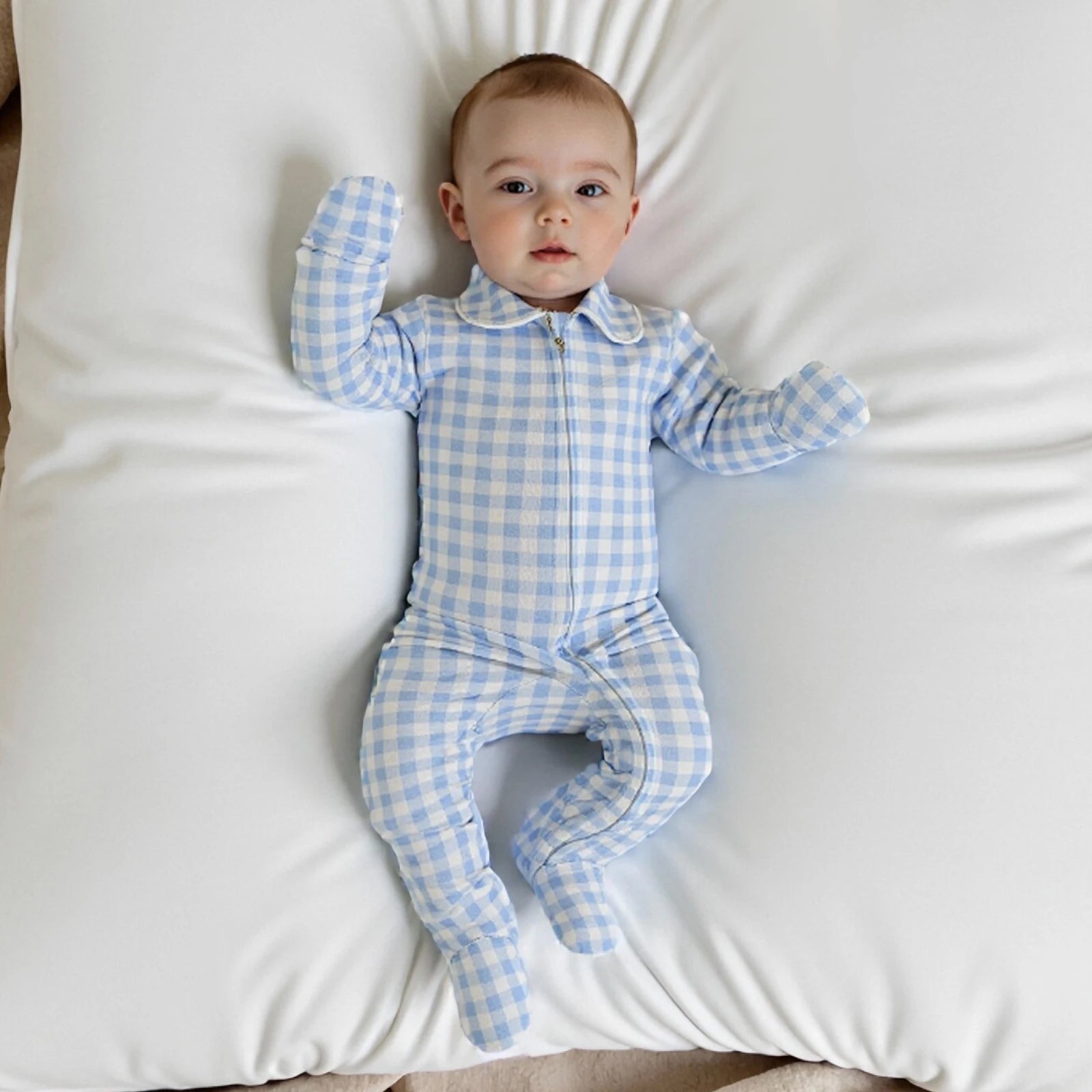 Pudcoco Infant Newborn Baby Fall Romper Plaid Print Doll Collar Long Sleeve Zip Up Footed Jumpsuit 0-6M