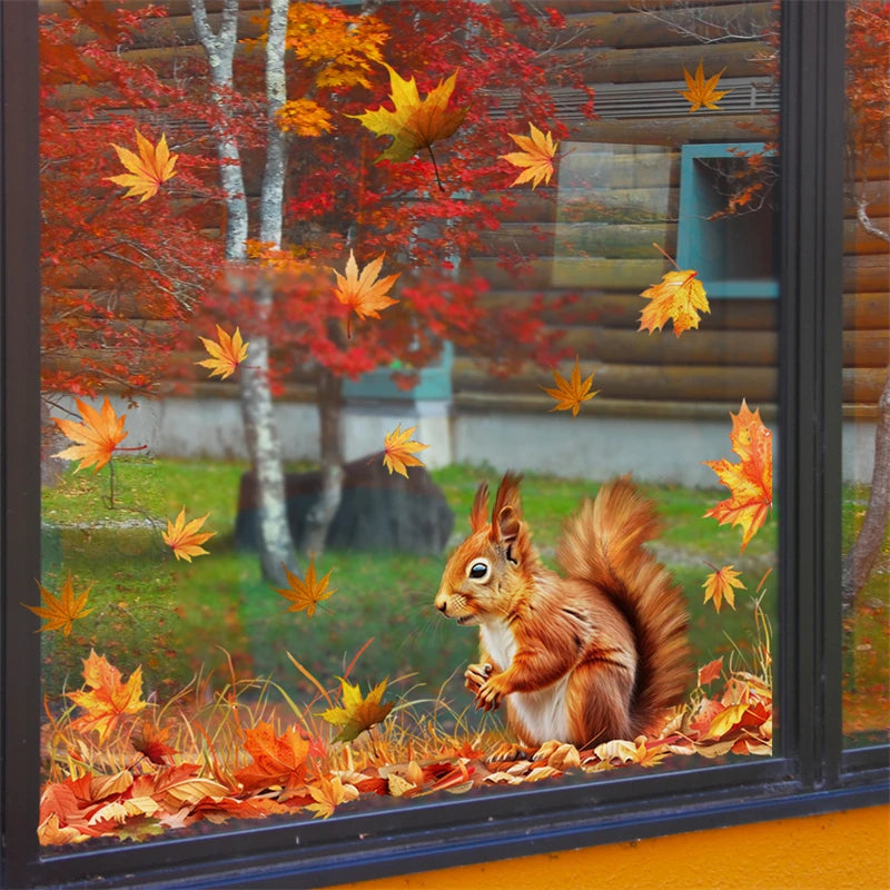 Maple Leaf Squirrel Double-sided Printed Static Window Stickers Autumn Family Thanksgiving Atmosphere Decoration Glass Stickers
