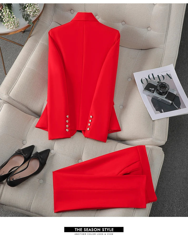 NAVIU Female Uniform Business Suits With Pants Elegant Office Blazer Set For Women Work Wear Pants Suit Claret Red Green Black