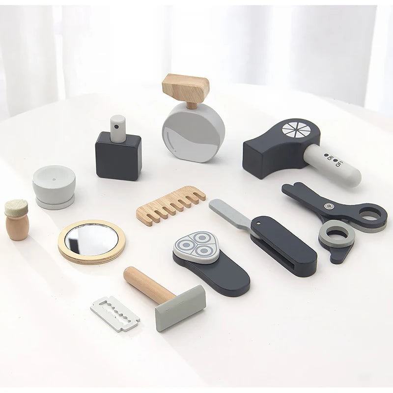 Kids Wooden Makeup Haircut Toy Beauty Fashion Salon Playset Games Combs Hair Dryer Pretend Play House Barber Makeup Kit Girl Toy