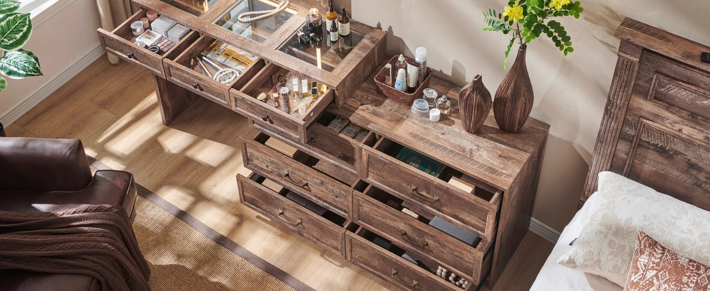 Rustic wood bedroom dresser, 69" wide, with glass top, 9 large storage drawers, 3 usable color lights and 30" HD LED mirror