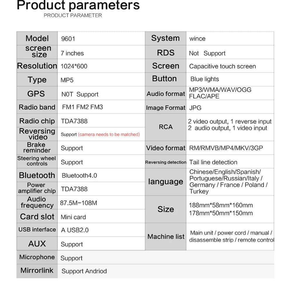 Podofo 1Din MP5 Player Mirrorlink Multimedia Player Bluetooth FM USB EQ 4Core 7 ''Retractable Screen Touch Screen Car Radio