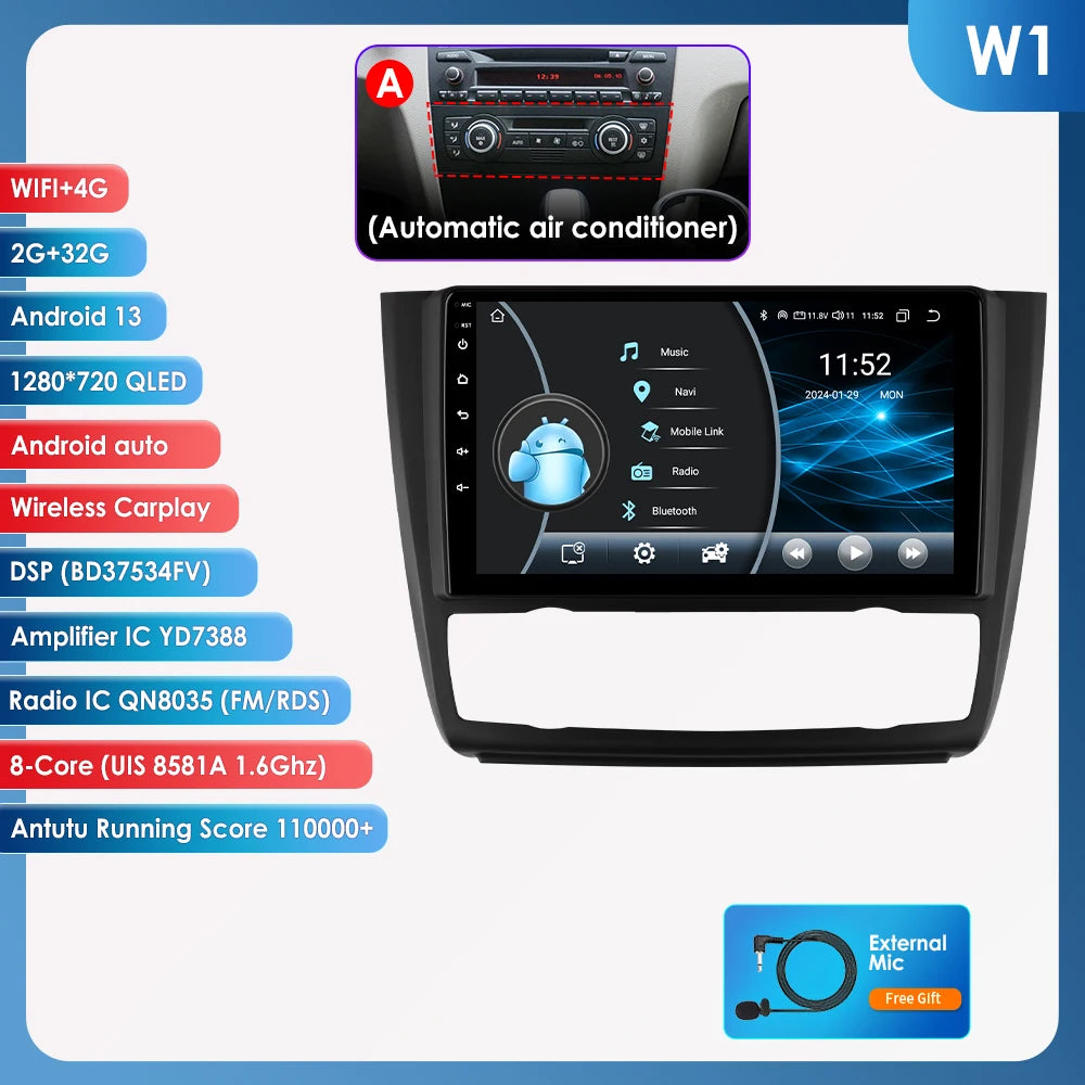 Hizpo 9inch 2Din Android13 Car Radio for BMW 1 Series E81 E82 E87 E88 AT MT Navigation GPS RDS DSP Android Auto CarPlay 360° CAM