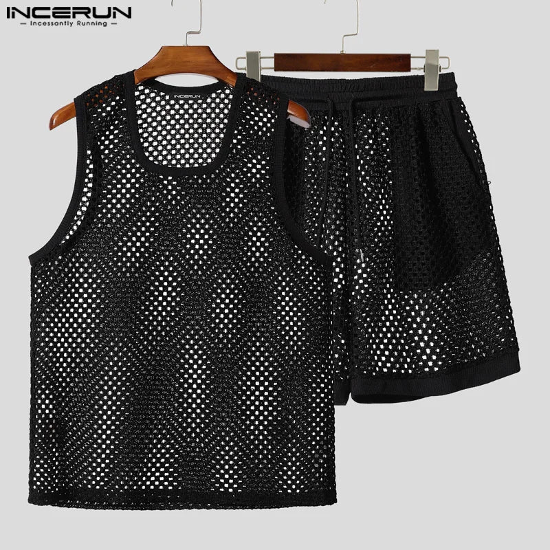 INCERUN Men Sets Solid Color Mesh Hollow Out See Through Tank Tops & Shorts 2PCS Summer Sexy Vacation Men Casual Suits 2025 5XL
