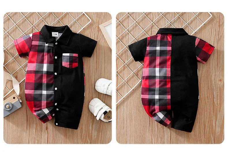 Newborn Clothes Patchwork Plaid Polo Shirt Comfortable And Soft For Boys And Girls Summer Short Sleeved Baby Jumpsuit