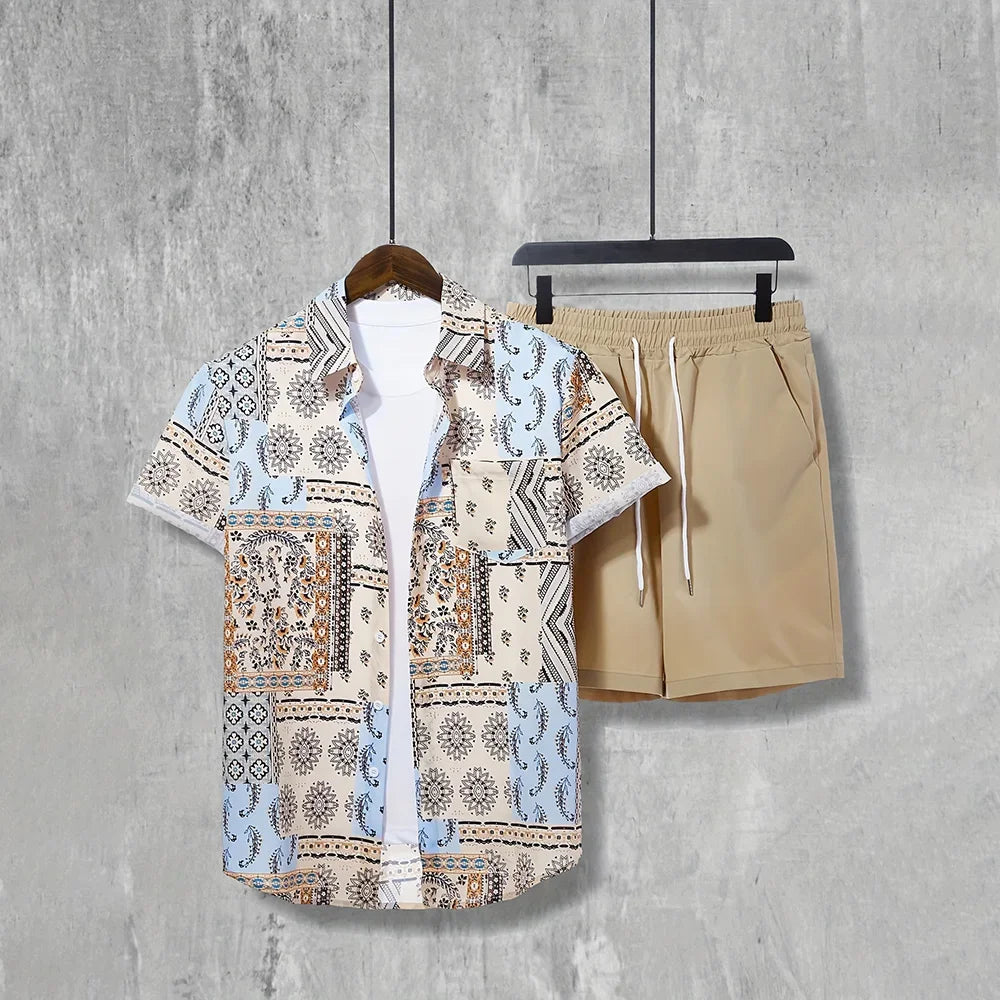 Vacation Men's 2-Piece Outfits Vintage Button Down Short Sleeve Shirt And Shorts Set Elastic Waist Shorts Short Sleeve Shirts