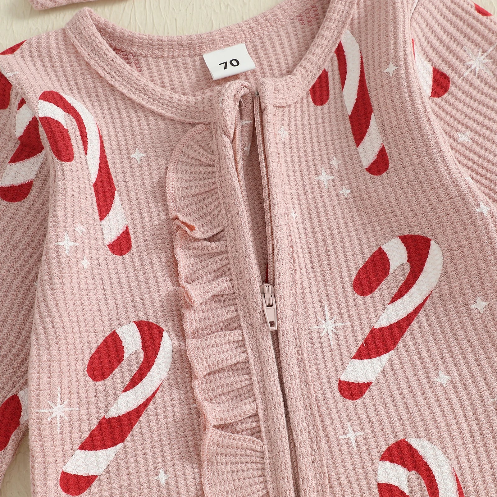 Newborn Baby Girls Christmas Oblique Zipper Rompers Long Sleeve O Neck Candy Cane/Gingerbread Print Jumpsuits with Headband