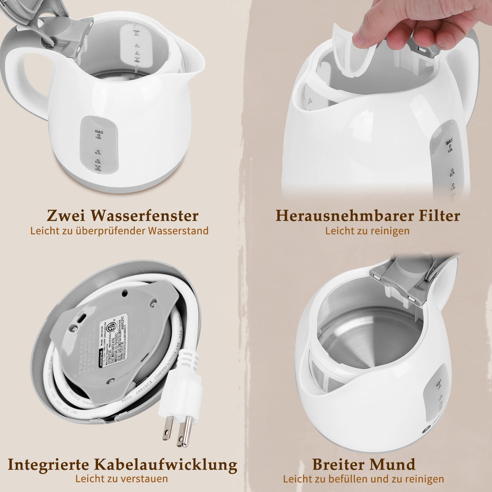 Aigostar Juliet - 1 Litre Compact Kettle, 1100W, Small Kettle, Dual Water Level Indicator, Detachable Anti-Limescale Filter, 360