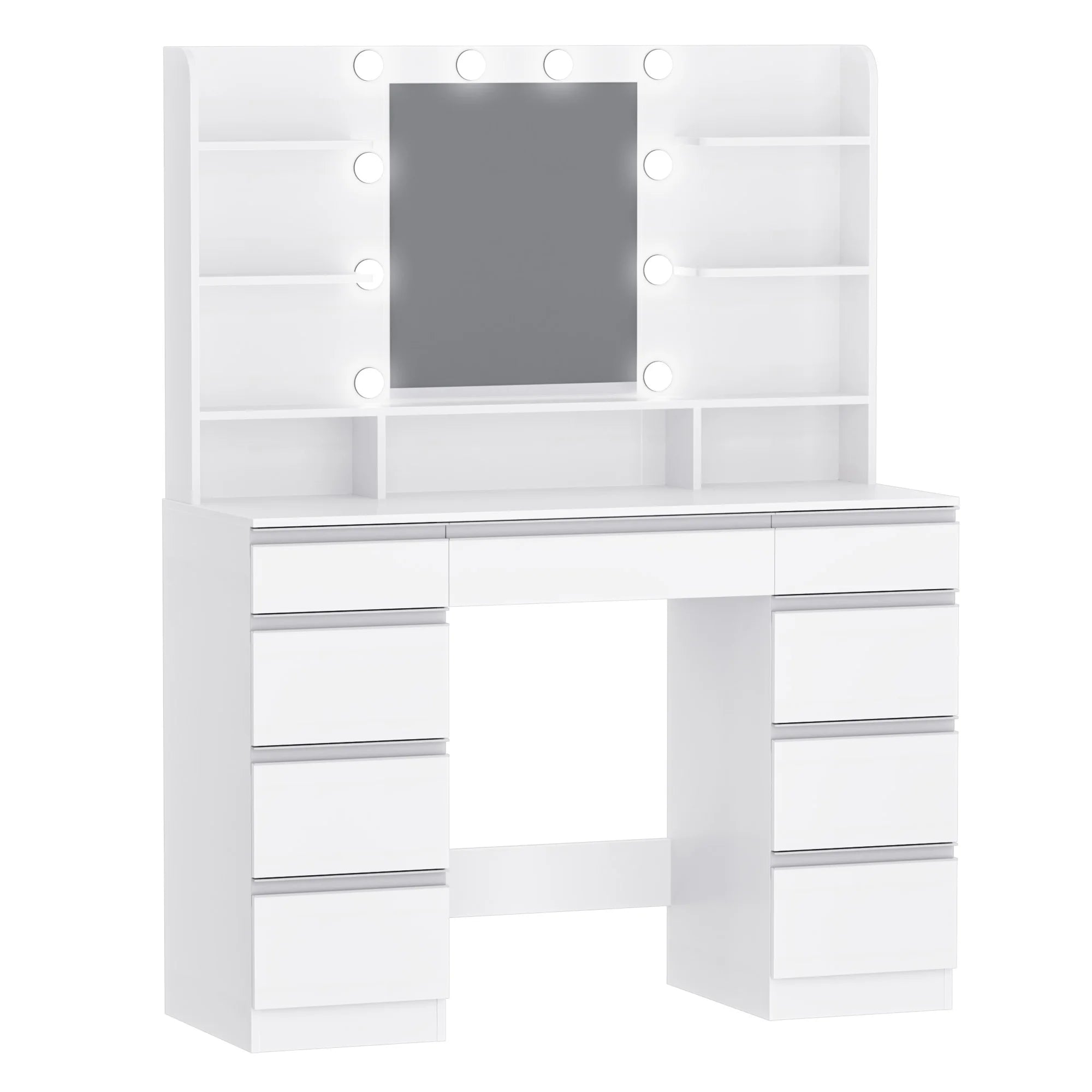 Hzuaneri Coiffeuse avec 10 boules lumineuses LED, luminosité réglable, grand miroir HD, 1 grand tiroir et 8 petits armoires à tiroirs