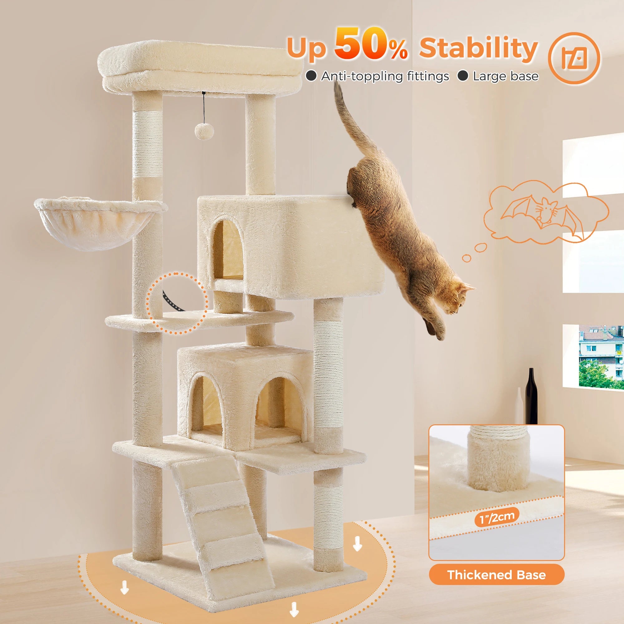 Stable&Safe Multi-Level Cat Tree Tower with Cozy Condo,Scratching Posts&Boards,Perches,Hammock,Pompoms for Active Cats,Cat Toys
