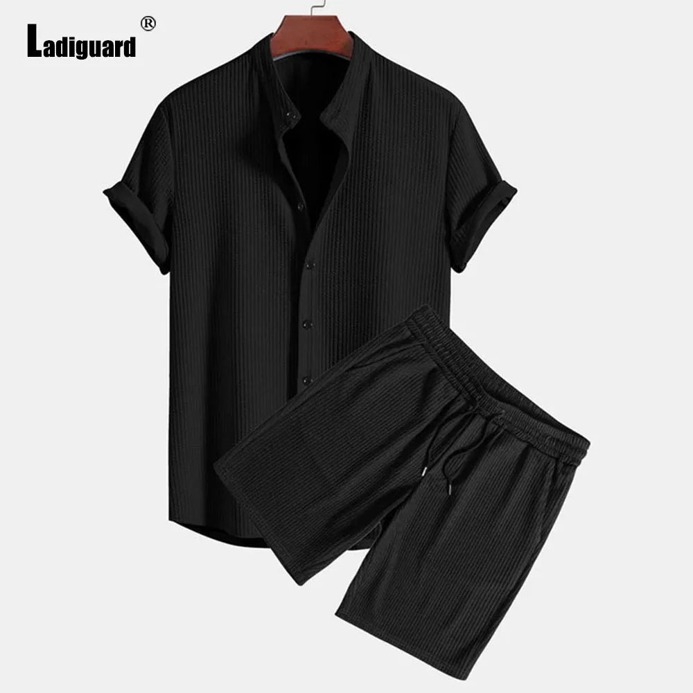 Men Casual Knitted Two Piece Sets 2024 Europe Style Mandarin Collar Blouse and Solid Basic Shorts Suit Male Beach Tracksuits Set