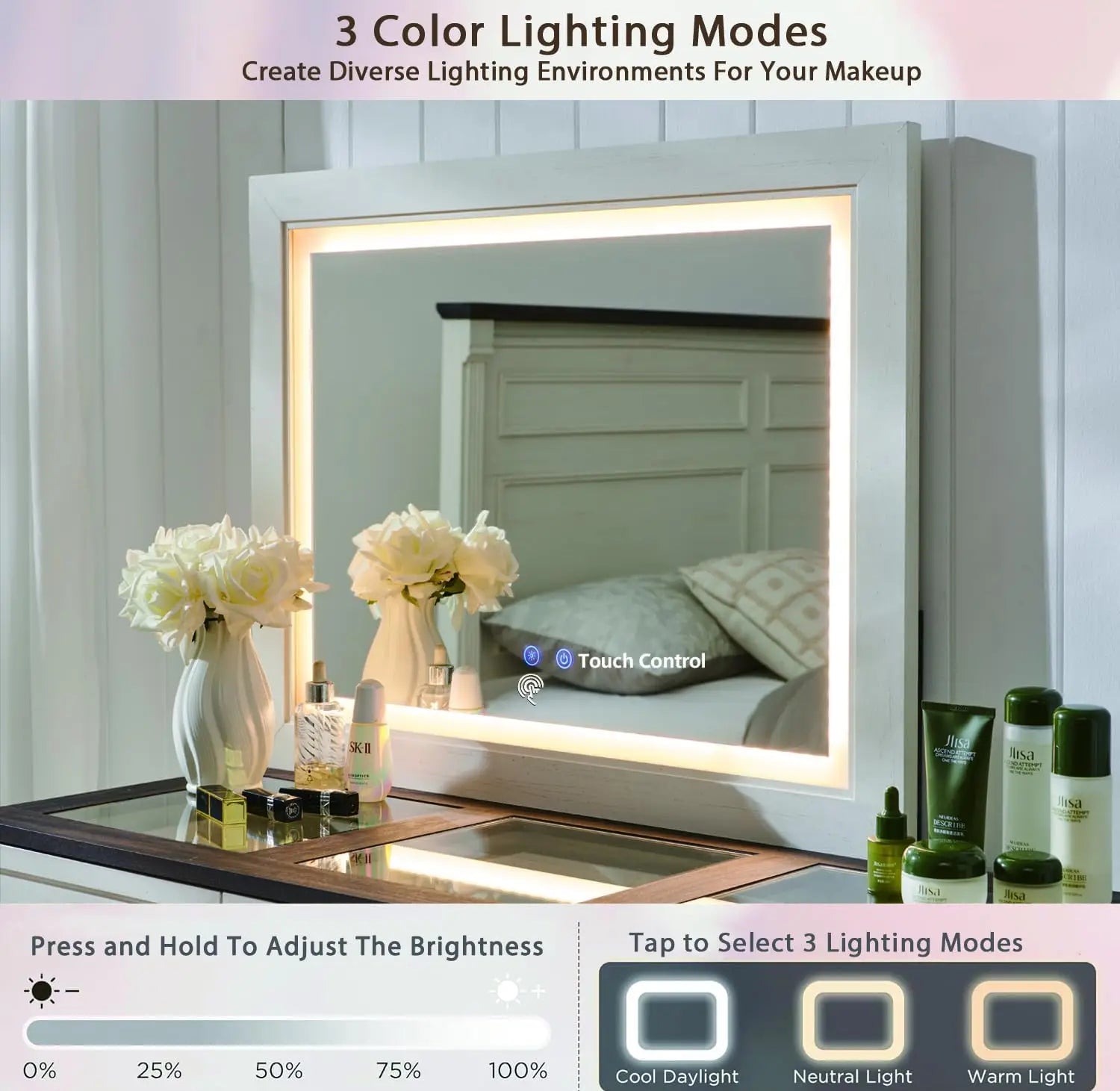 Commode de chambre en bois rustique de 69 po de largeur avec plateau en verre, 9 grands tiroirs de rangement, 3 lumières utilisables de couleur et miroir LED HD 30"