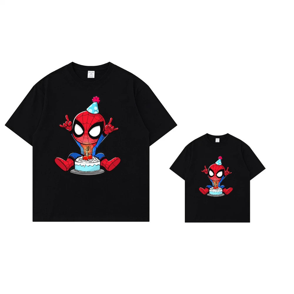 Marvel Printed Cotton TShirt Spider Man Celebrate Birthday Graphic Summer Autumn Family Matching Outfits Parent-child Unisex Tee