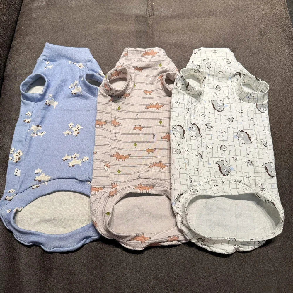 Clothing for Puppy in Spring Cartoon Animal Print Short Sleeves Cotton T-Shirt for Sphynx Cat Summer Blue Coat For Devon Rex