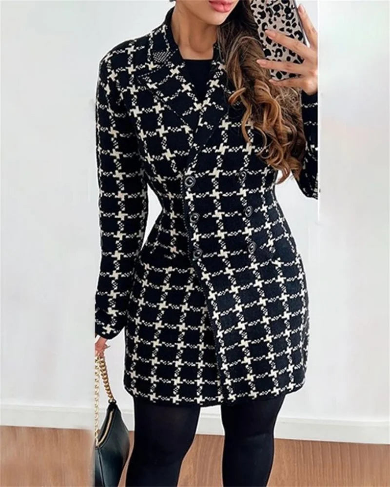 Autumn Winter Fashion Plaid Woolen Coat Dress Women Causal Office Ladies V-neck Double Breasted Slim Woolen Coat Dress Women
