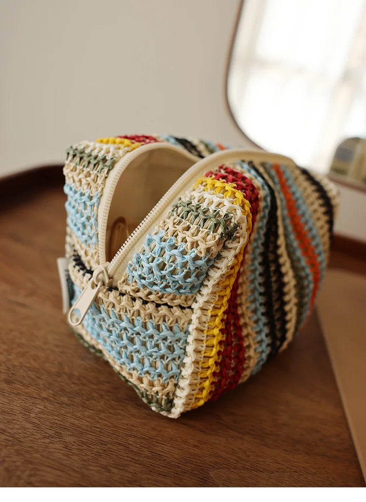 Colorful Knitted Cosmetic Bag Travel-Friendly Handbag Toiletry Pouch Women's Cosmetics & Skincare Organizer On-the-Go Bag-in-Bag