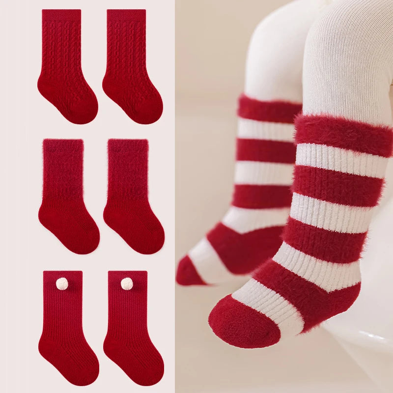 Red New Year Socks Newborn Baby Kids Soft Solid Thickened Velvet Toddler Mid Socks Girls Infant Boys Cute Boneless Socks 0-12Y