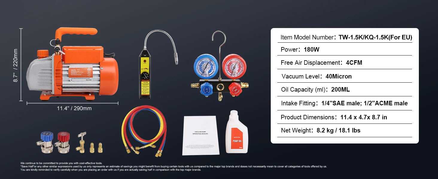 SucceBuy 3.5CFM 4CFM Single Stage Rotary Vane HVAC Air AC Vacuum Pump & A/C Refrigerant Kit Manifold Gauge Set Air Conditioning