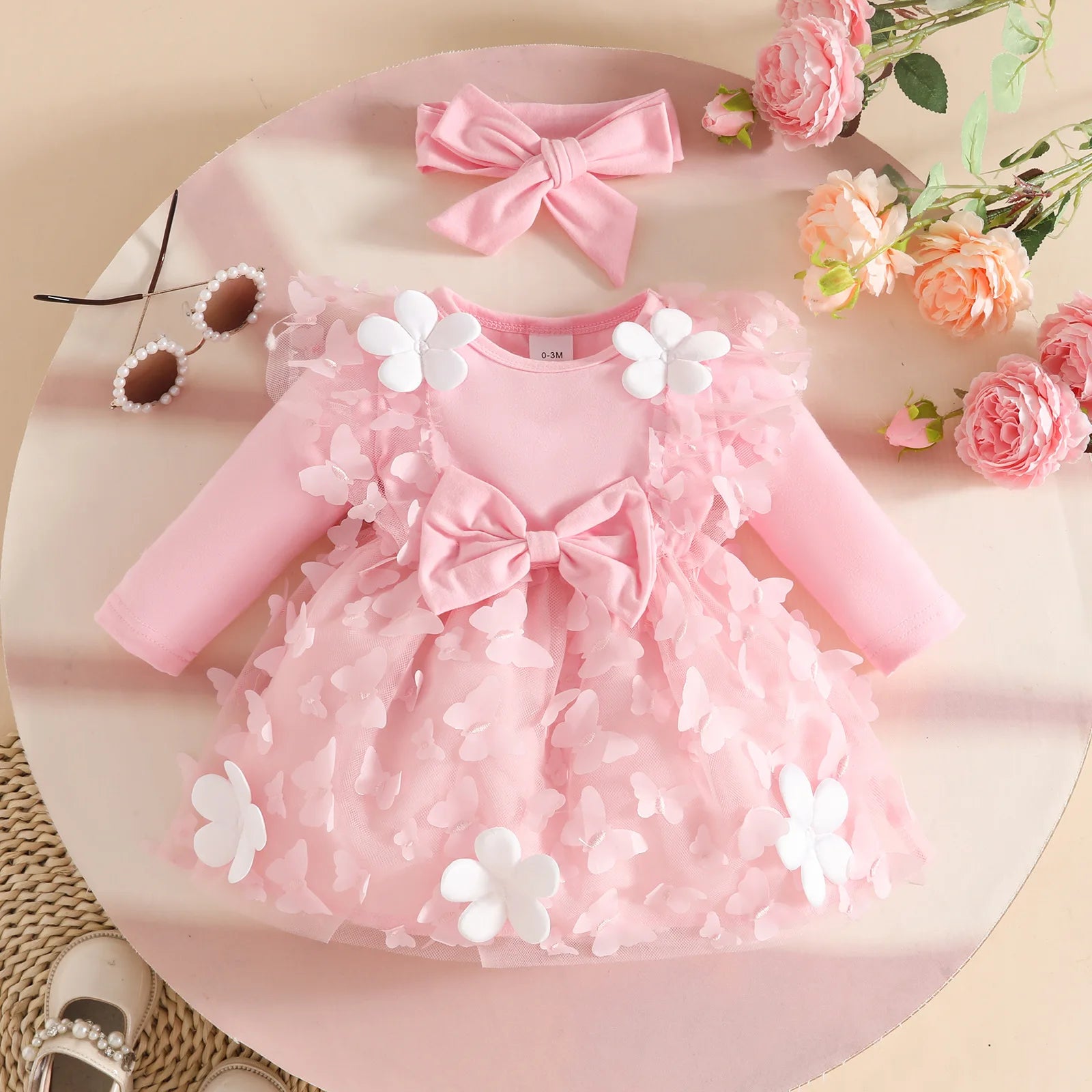 0-2Y Baby Girl Clothes 2Pcs Set Butterfly Tulle Patchwork Bow Baby Dresses for Newborn Girls and Headband Princess Party Outfit