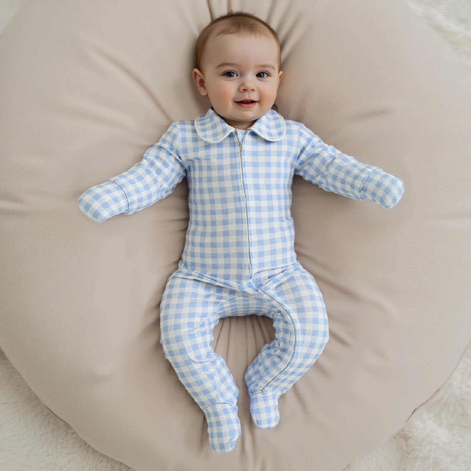 Pudcoco Infant Newborn Baby Fall Romper Plaid Print Doll Collar Long Sleeve Zip Up Footed Jumpsuit 0-6M