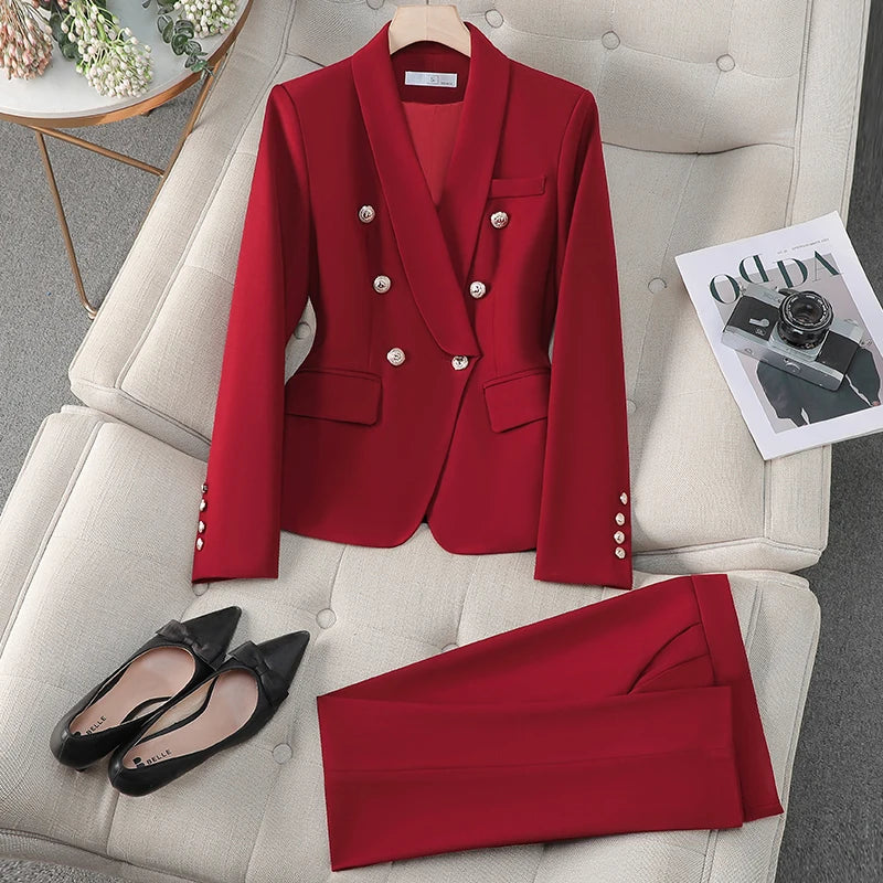 NAVIU Female Uniform Business Suits With Pants Elegant Office Blazer Set For Women Work Wear Pants Suit Claret Red Green Black