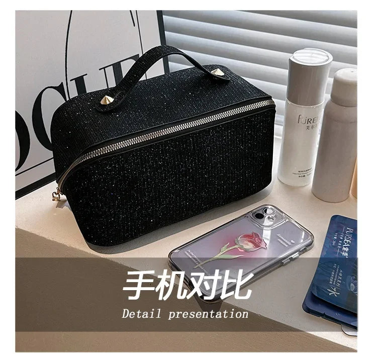 Sac à cosmétiques, grande capacité, design à paillettes fines, sac de toilette léger et pratique