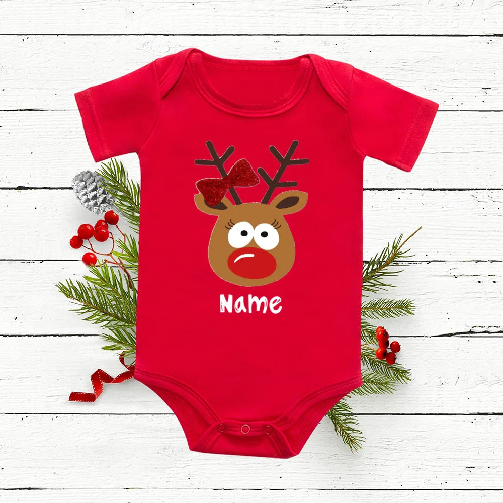 Personalized Baby Christmas Romper Deer with Name Newborn Bodysuit Infant Red Cotton Junpsuit Toddler Xmas Outfit Clothes