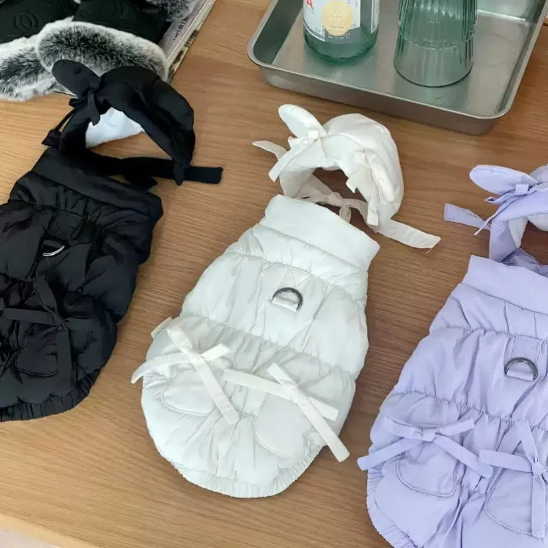 Winter Padded Dog Jacket Coat Warm Soft Dog Clothes Fashion Solid Puppy Down Jacket Cute Bow Cat Vest Coat Chihuahua Pet Costume