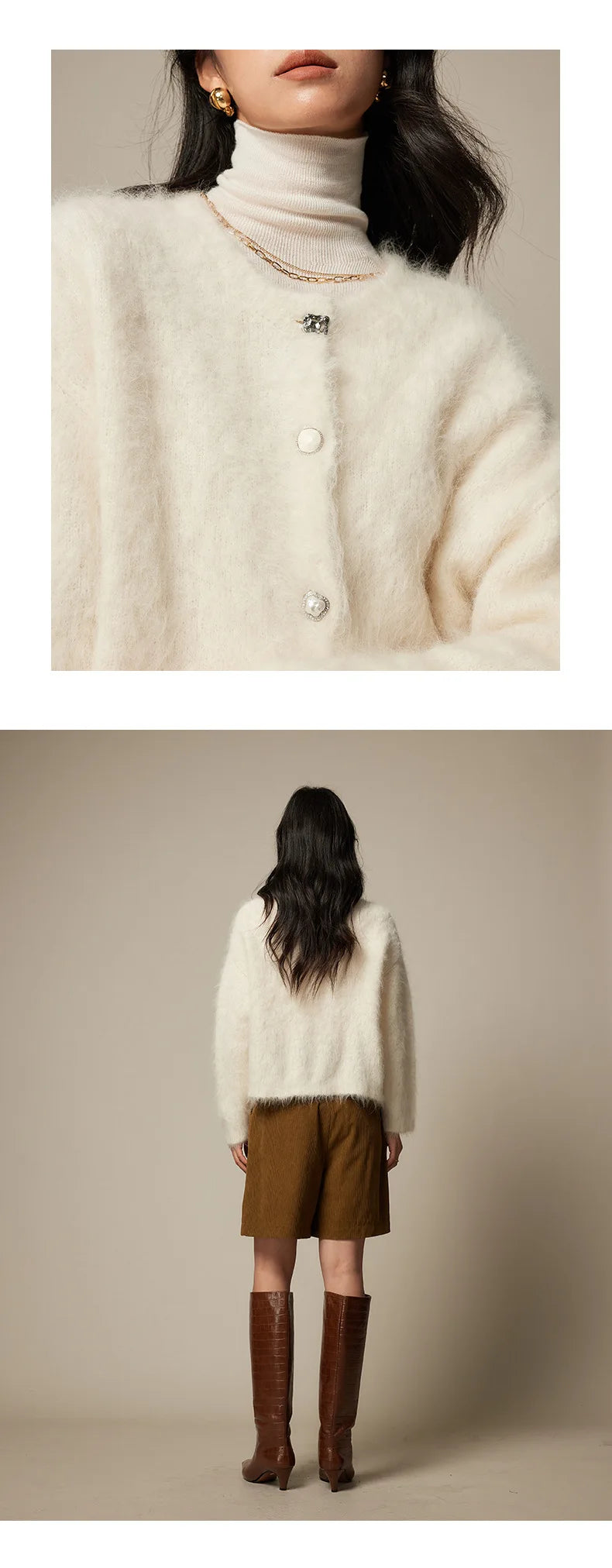 Winter Alpaca Wool Knitted Cardigan Women Soft Round Neck Single Breasted Loose Button Sweater Coat