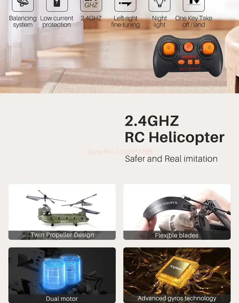 2024 2.4G Hz Syma Remote Control Helicopter S026h Military Transport Rc Armed Aircraft Chinook Model Children Toys Birthday Gift