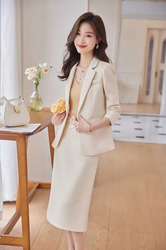 NAVIU Pink Suits Women New 2023 Autumn Fashion Temperament Professional Blazer And Skirt Office Lady Work Wear Two Piece Sets