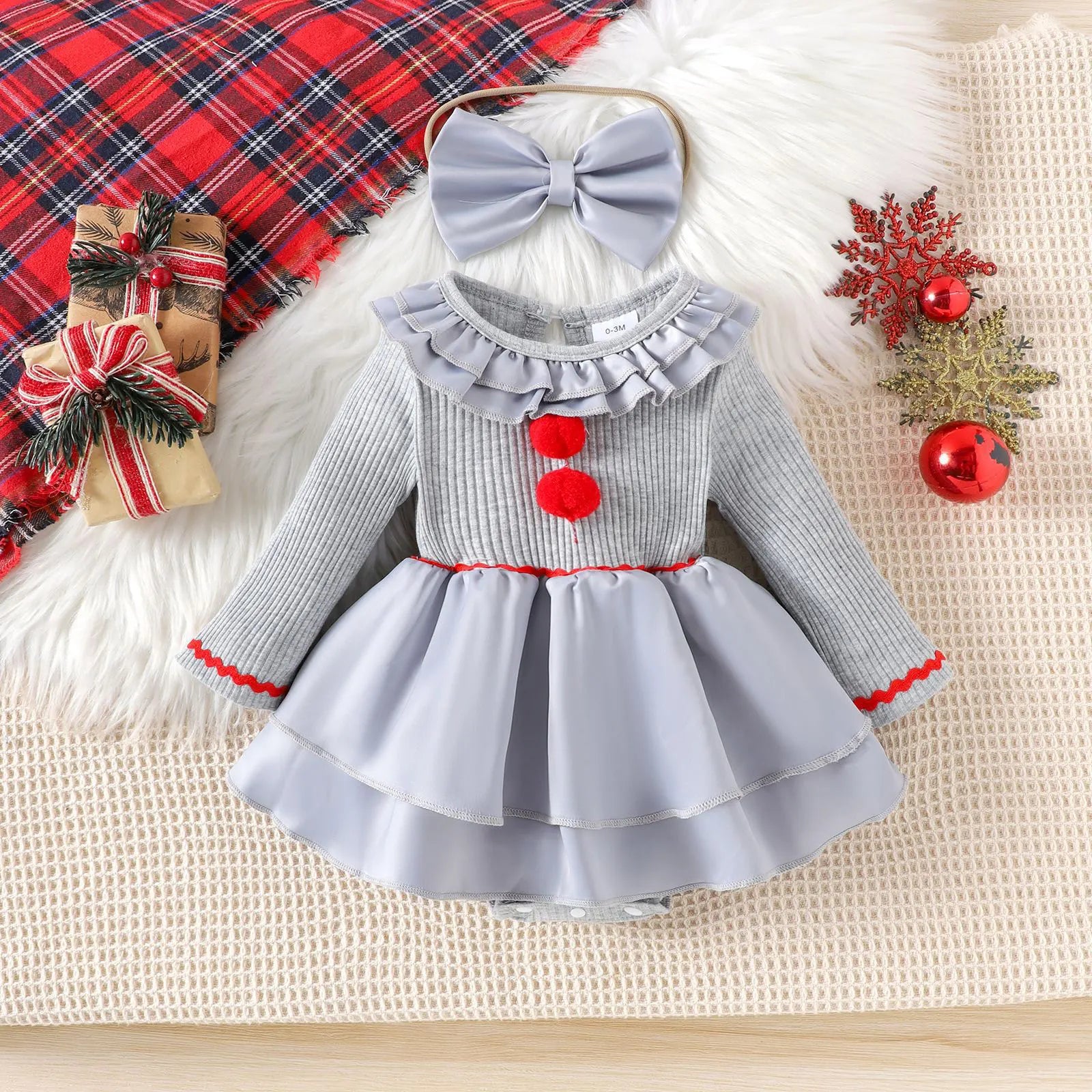 Baby Girl Halloween Creepy Clown Cosplay Costume Long Sleeve Layered Ruffled Gray Joker Dress Romper for Theme Party Photo Shoot