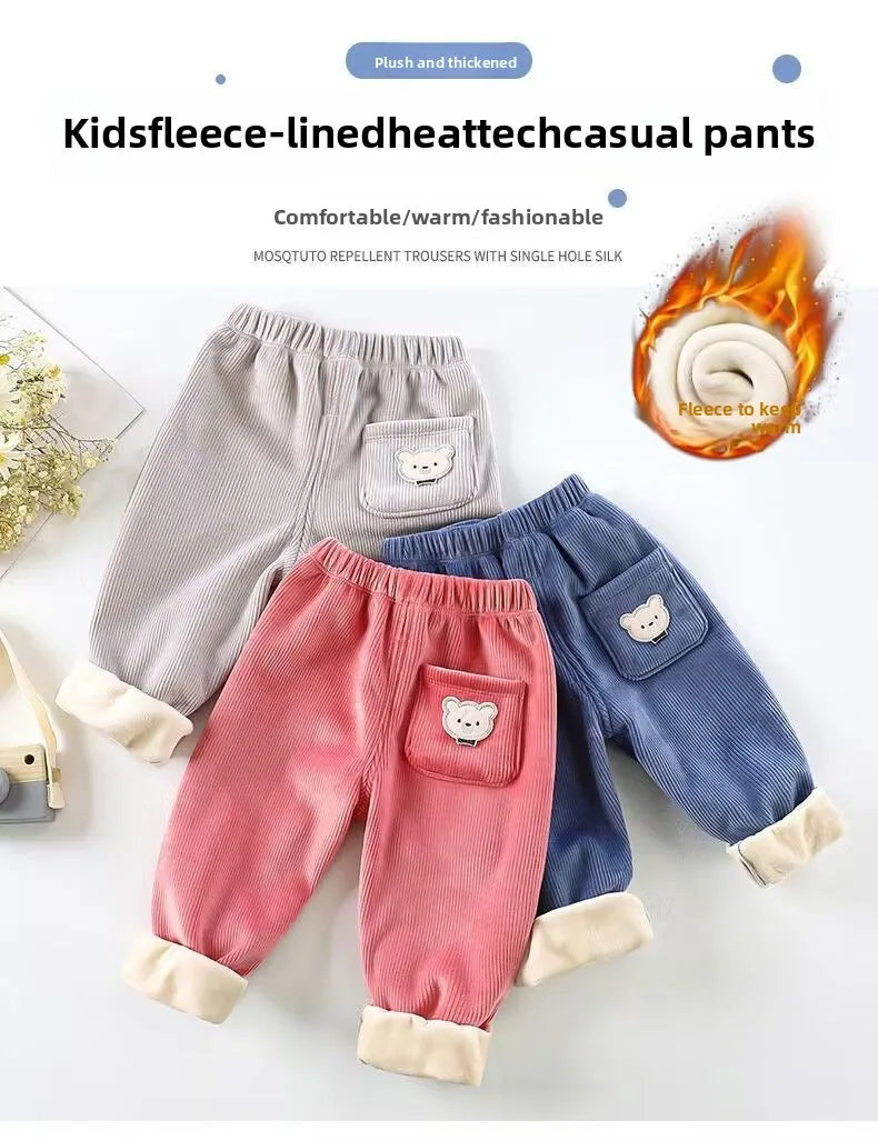 1pcs Boy Girl Winter Velvet Corduroy Kids Pants Little Bear Cartoon Mid Waist Warm Pantalones Baggy Thick Plush Children Trouser