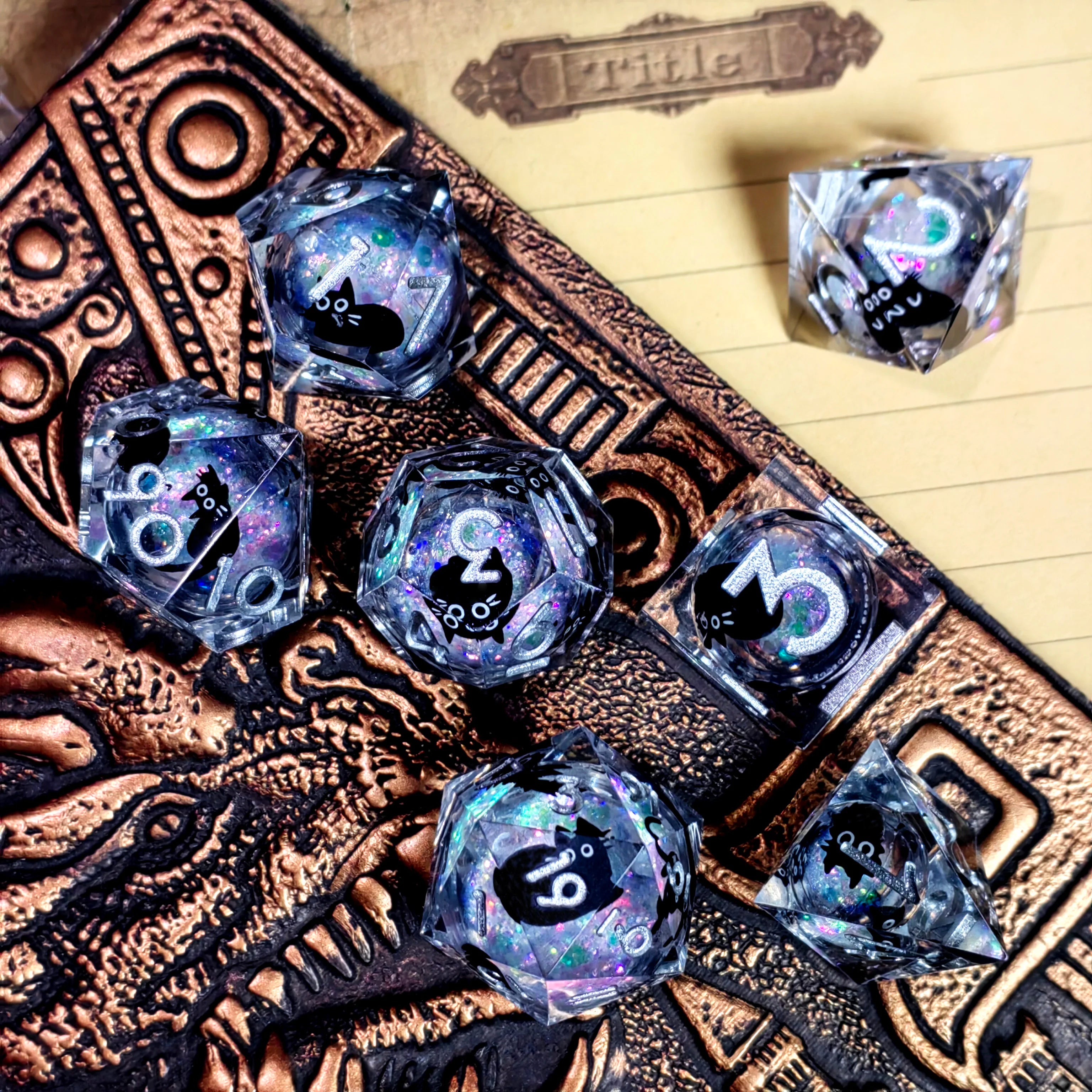 "DnD Dice Set - 7 Piece Resin Polyhedral Dice with Cute Cat Design, Transparent RPG Dice for Dungeons & Dragons, Tabletop Games"