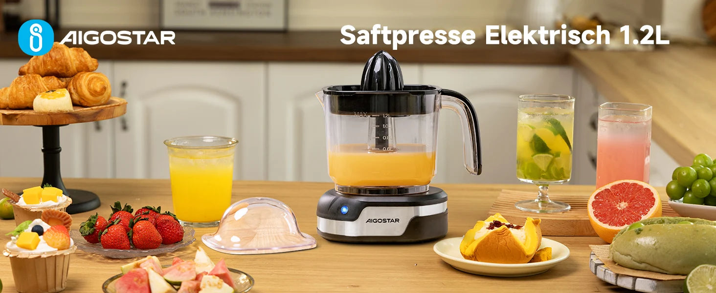 Aigostar Electric Citrus Juicer, 1.2L Large Capacity Juicer with LED Work Light and 2 Removable Cones, Lemon Squeezer for Orange