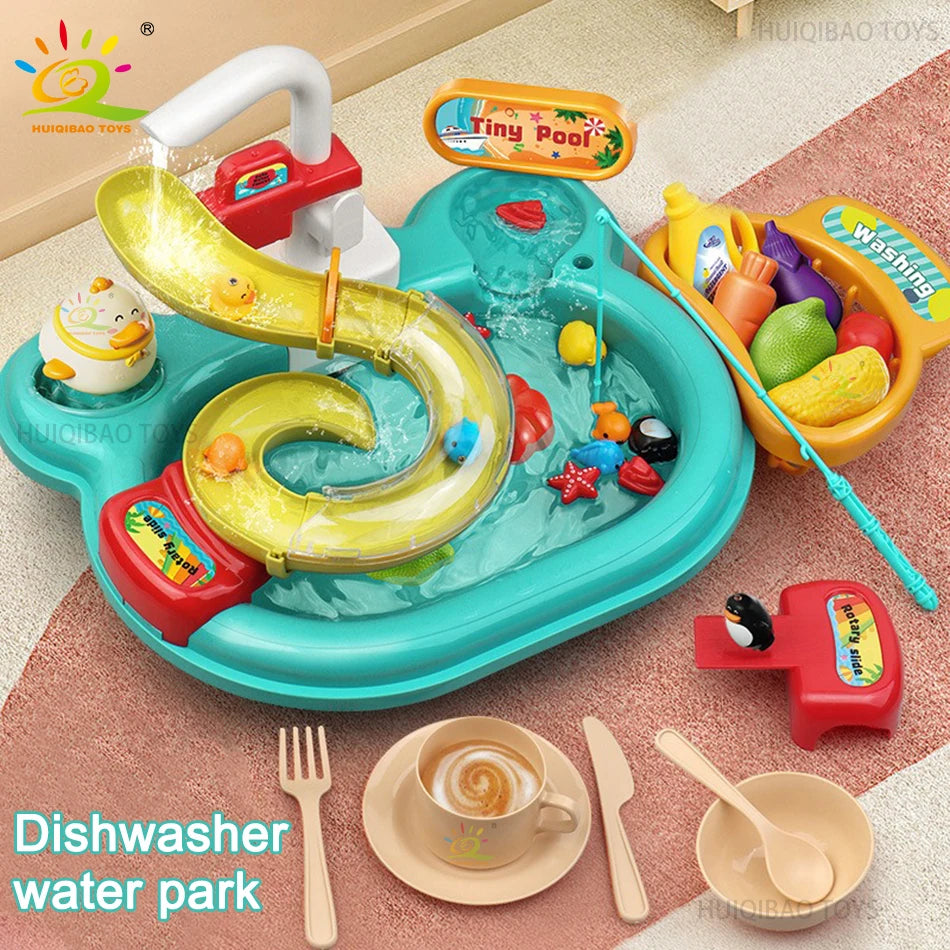 Kids Kitchen Sink Toys Electric Dishwasher Playing Toy With Running Water Pretend Play Food Fishing Toy Role Playing Girls Gift