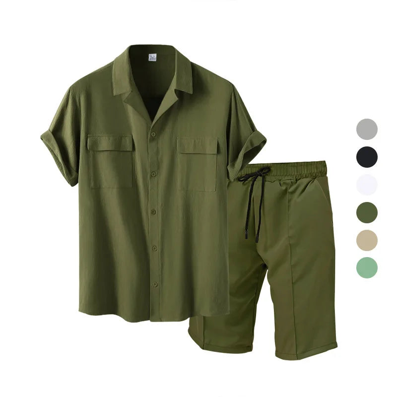 Casual Fashion Men's Suit Summer Beach Style Solid Color Men's Shirt Short Sleeve and Shorts Two-Piece Set Men's Clothing
