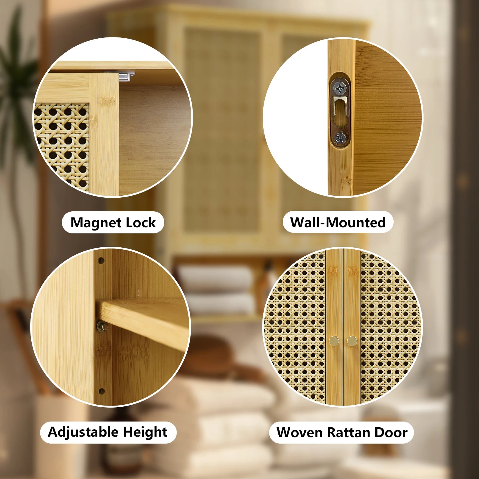 Solid Wood Bamboo Bathroom Wall Cabinet Over The Toilet Kitchen Living Room Storage Cabinet w/ 3 Shelves Medicine Cabinet 2-Door