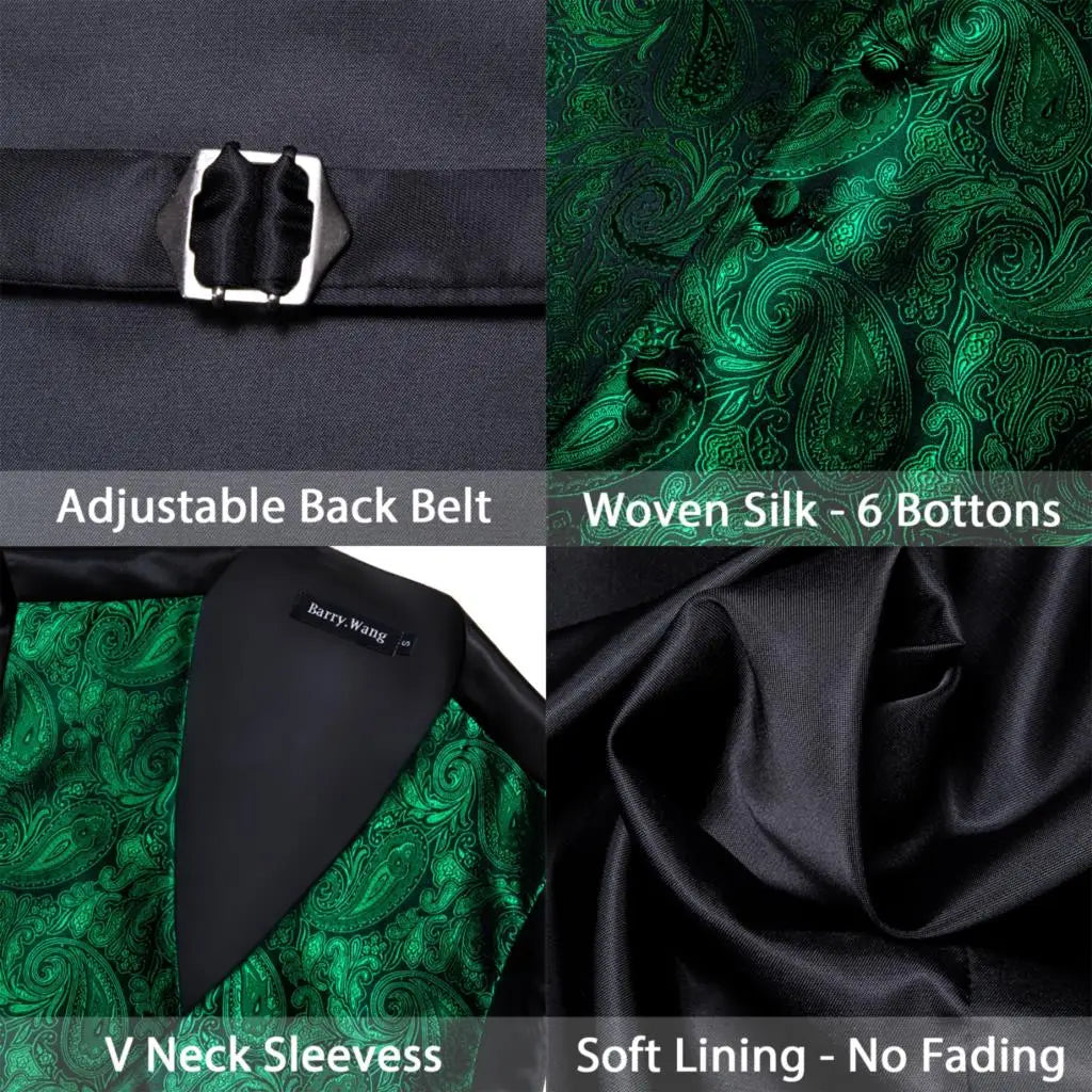 Elegant Vest for Men Silk Green Paisley Plaid Flower Slim Fit Male Suit Embroidered Waistcoat Dress Formal Jacket Barry Wang