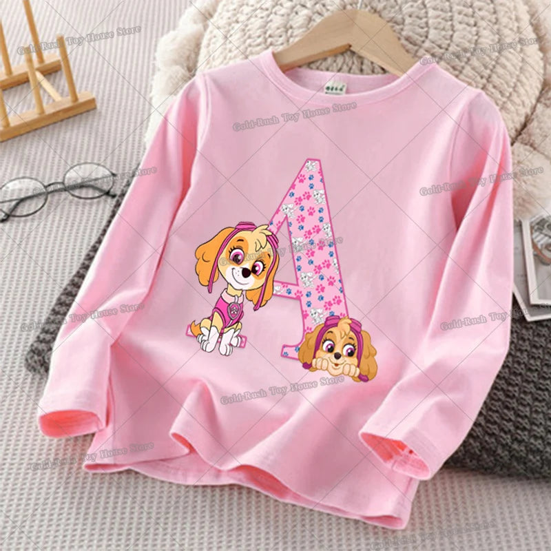 Paw Patrols Skye Letter A-Z T-shirt for Girl Long Sleeve Cotton Tops Cute Cartoon Print Children Tee Autumn Casual Kids Clothes