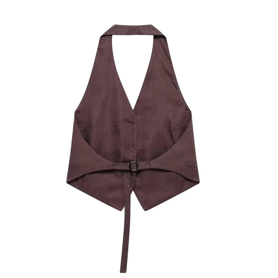KONDALA Vintage Chic Women Suit Solid Halter Backless Vest Straight Button Loose Pants Fashion 2025 Autumn Office Lady Set
