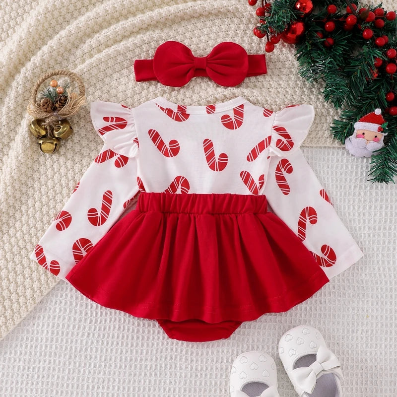 ma&baby 0-18M Christmas Newborn  Baby Girl Red Romper Long Sleeve Santa Ruffle Long Sleeve Jumpsuit Bow Headband Xmas Costumes