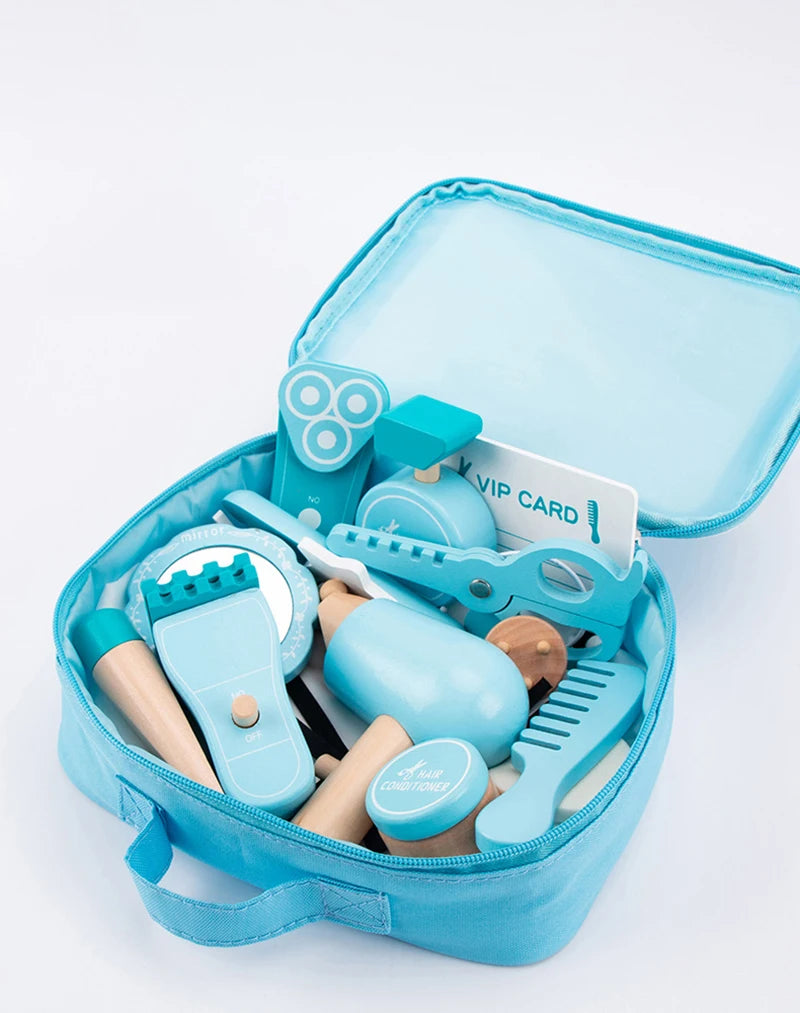 Kids Wooden Makeup Haircut Toy Beauty Fashion Salon Playset Games Combs Hair Dryer Pretend Play House Barber Makeup Kit Girl Toy