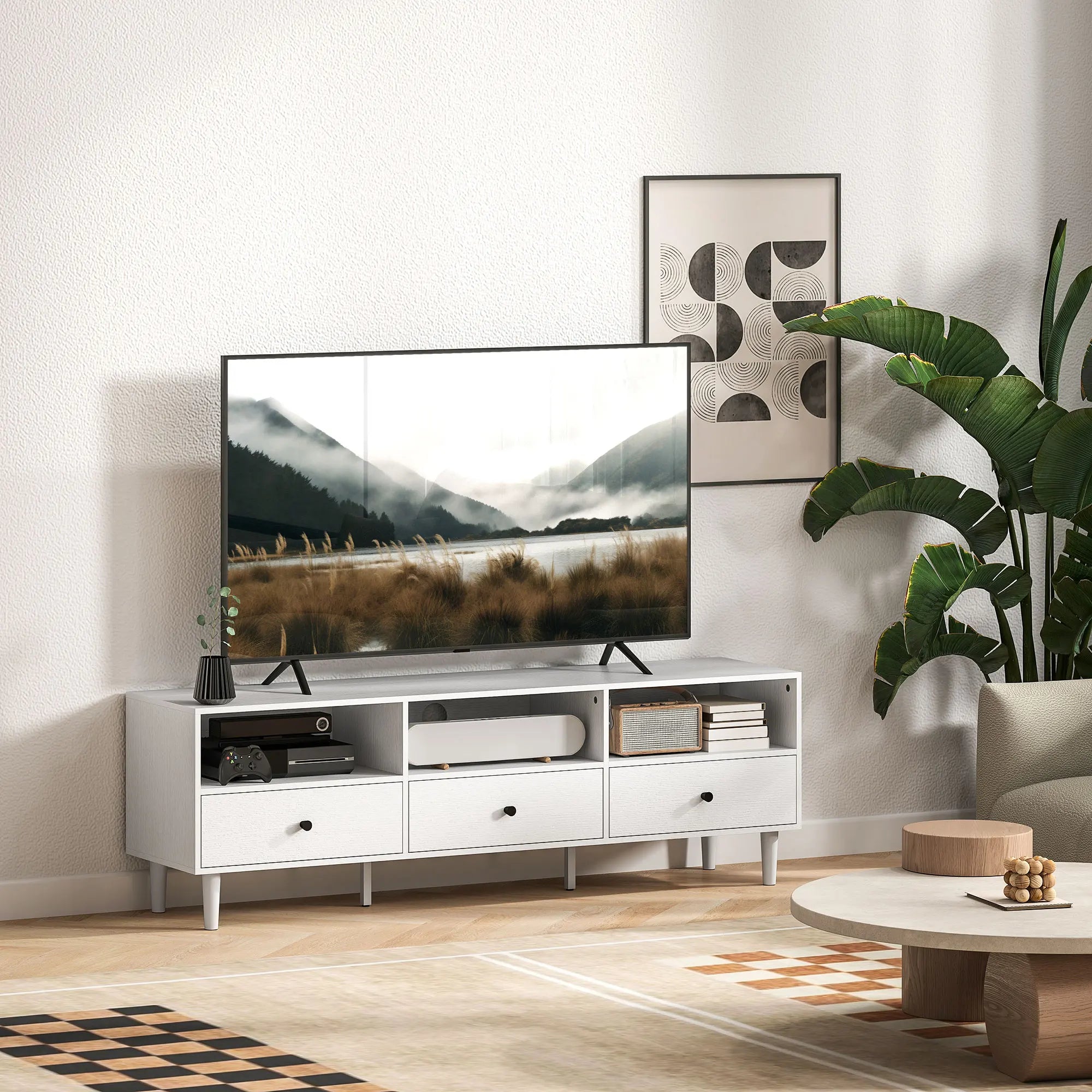 HOMCOM Meuble TV, meuble TV pour jusqu'à 75", avec tiroirs, étagères, blanc