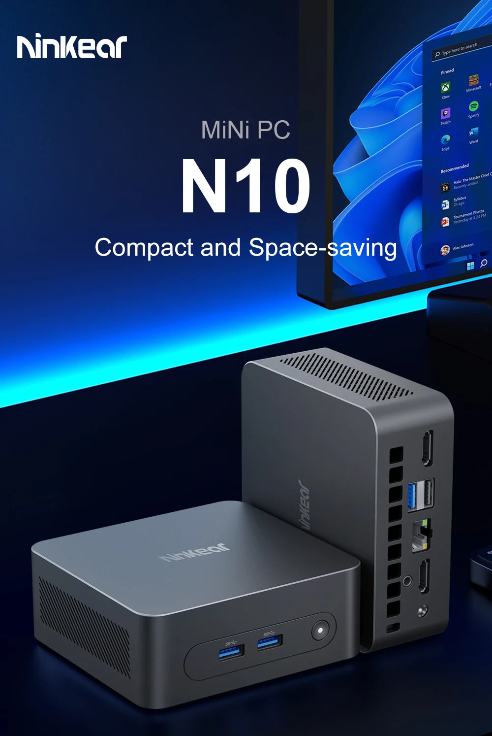 Ninkear N10 Mini PC Intel N100 up to 3.4GHz 16GB 512GB 2.4G+5G WIFI HDMI 2.0*2 Support dual-screen WIindows 11 Desktop computer