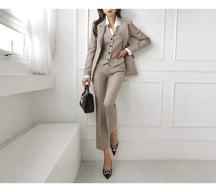 H Han Queen Korean Autumn Winter 3 Pieces Set Women Contrast Blazer + Vest And Simple Pants Casual Simple Office Lady Pants Suit