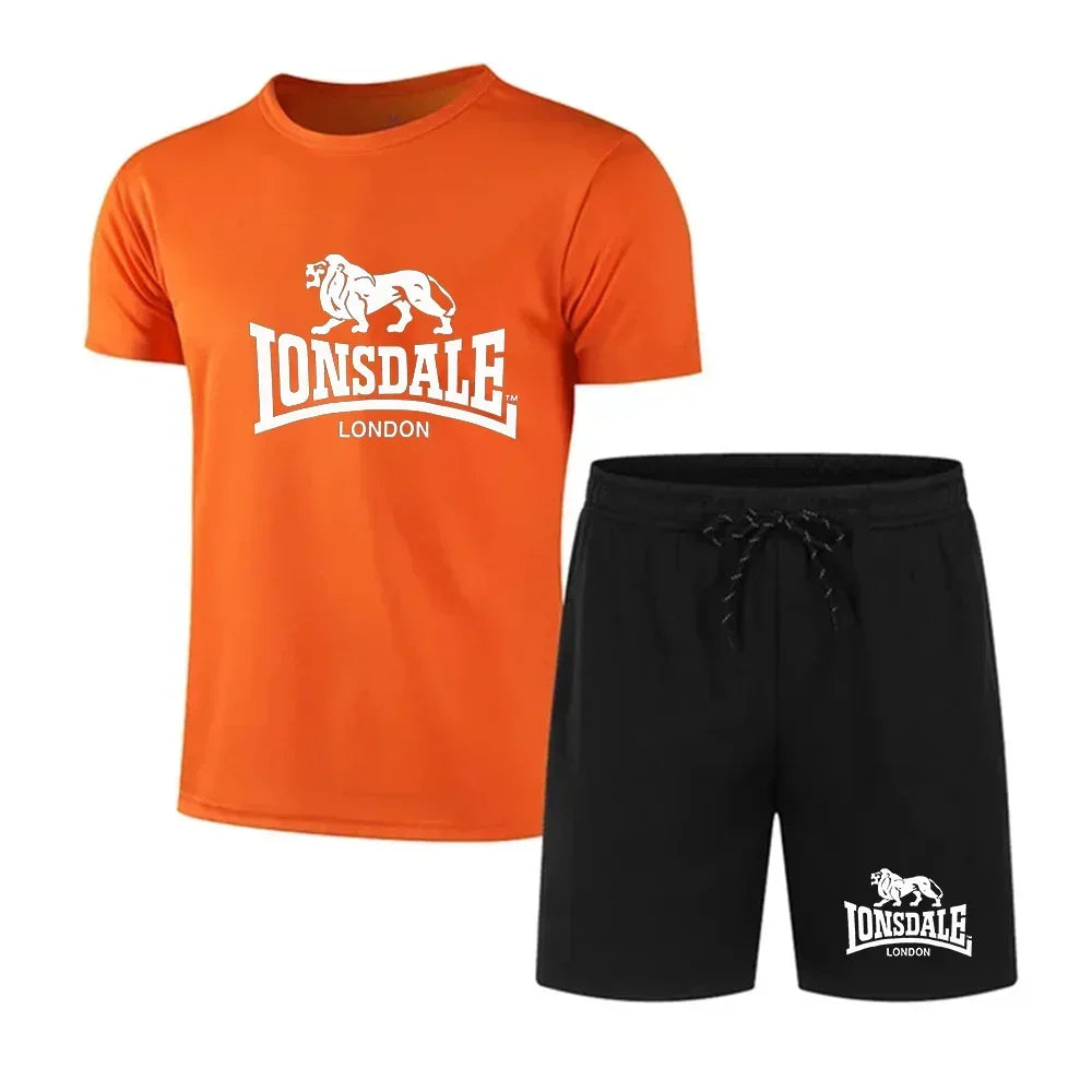 Men's summer T-shirt+shorts mesh set Lonsdale printed quick drying breathable sports set short jogging gym casual sportswear