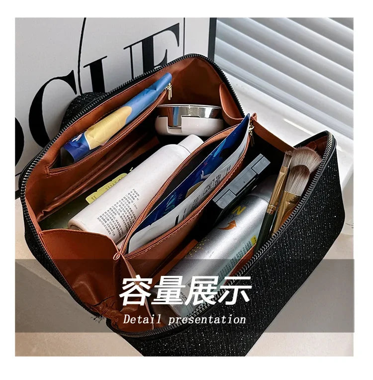 Sac à cosmétiques, grande capacité, design à paillettes fines, sac de toilette léger et pratique