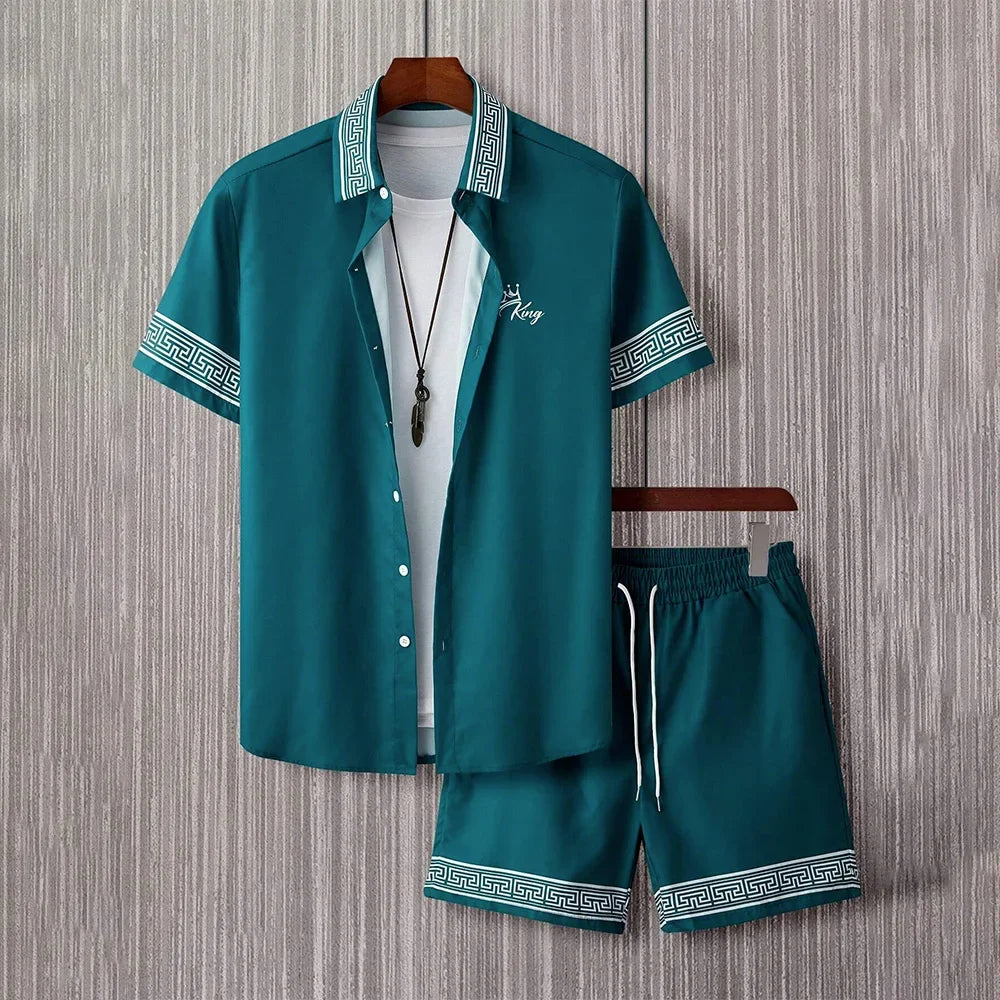 Vacation Men's 2-Piece Outfits Vintage Button Down Short Sleeve Shirt And Shorts Set Elastic Waist Shorts Short Sleeve Shirts