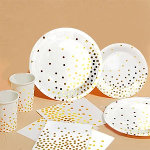 White And Gold Party Supplies 121pcs Golden Dot Disposable Party Dinnerware Set - White and Gold Party Paper Plates Cups Napkins